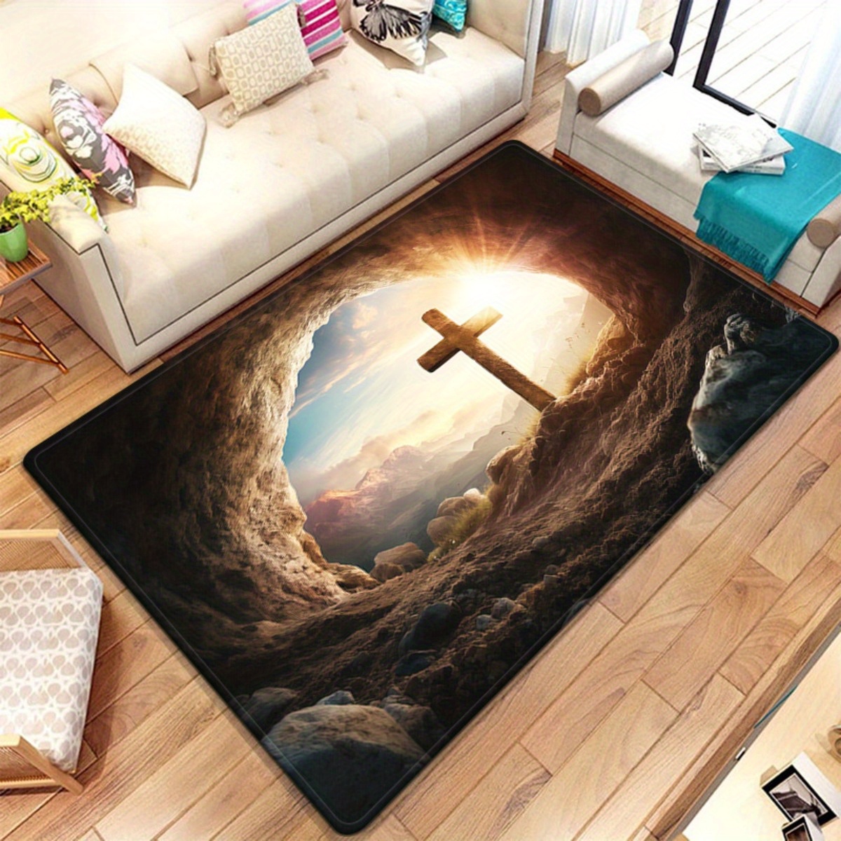 Sunrise Home Textiles & Apparel - Dywan z motywem religijnym krzyża, jaskinia,